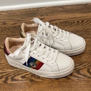 NWOT Kurt Geiger White Low-Top Sneakers with Rainbow Stripe and Embellished Eye